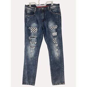 Victorious mens size 34 x 30  Denim jeans Premium Quality ripped race track chec